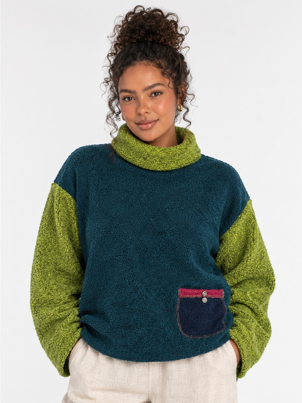 Margaret Winters Two-Tone Green Knit Turtleneck Sweater - Whimsy, Cozy - XL